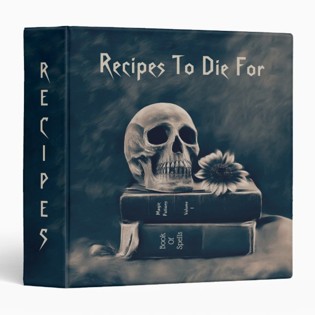 Gothic Skull Vintage Old Books Sunflower Recipe Binder (Front/Spine)