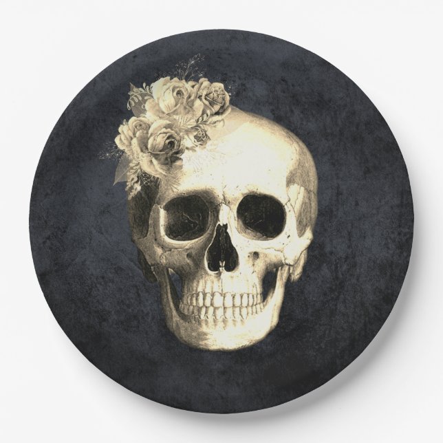 Gothic Skull White Roses Halloween Paper Plate (Front)