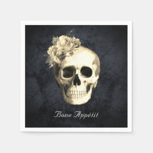 Gothic Skull White Roses Personalized Halloween Napkin