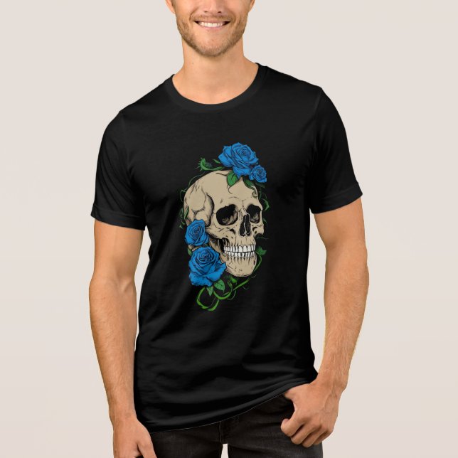 Gothic Skull with Blue Roses | Dark Aesthetic Tri-Blend Shirt (Front)
