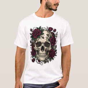 Gothic Skull with Dark Red Roses and Thorns Tattoo T-Shirt