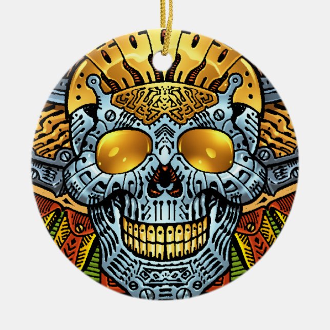 Gothic Skull with Guns and Bullets by Al Rio Ceramic Ornament (Front)