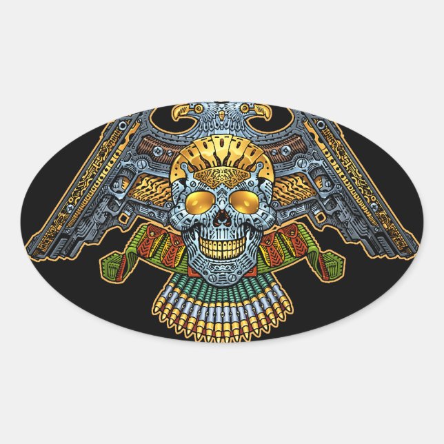 Gothic Skull with Guns and Bullets by Al Rio Oval Sticker (Front)
