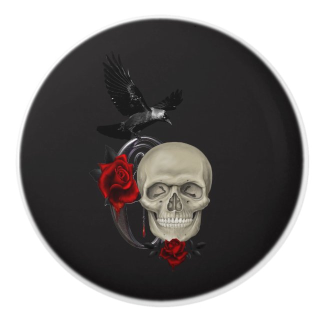 Gothic Skull With Rose and Raven Ceramic Knob (Front)