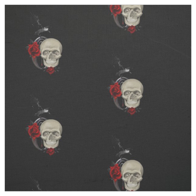 Gothic Skull With Rose and Raven Fabric (Swatch)