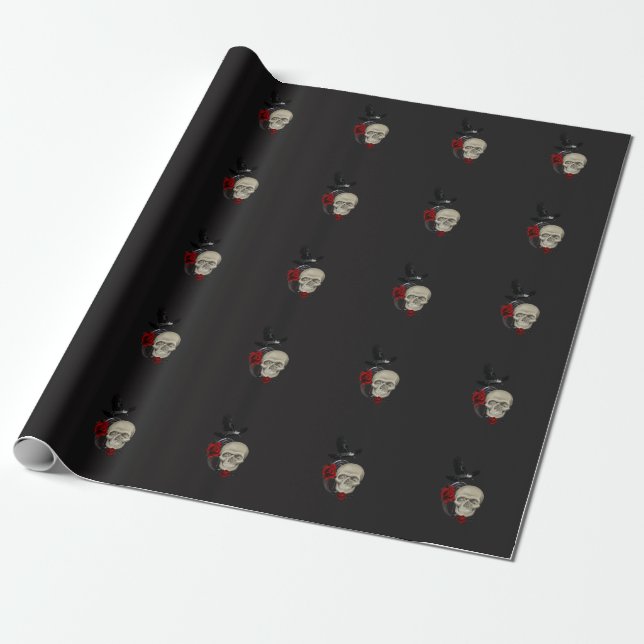 Gothic Skull With Rose and Raven Wrapping Paper (Unrolled)