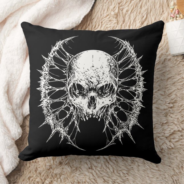 Gothic Skull with Webbed Wings Throw Pillow (Blanket)