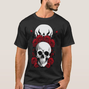 Gothic Skulls and red flowers Basic Dark T-Shirt
