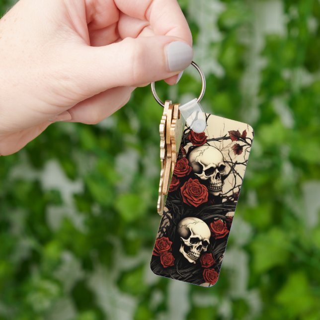 Gothic Skulls and Red Roses Keychain (Hand)