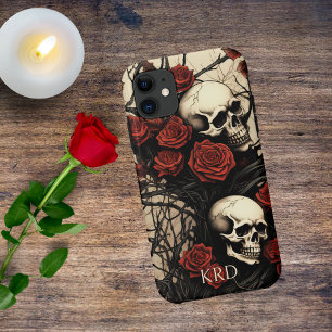 Gothic Skulls and Red Roses Monogram iPhone 11 Case