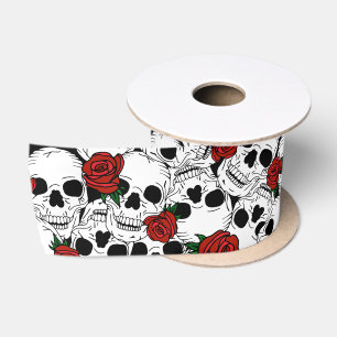 Gothic Skulls and Red Roses Patterned Satin Ribbon