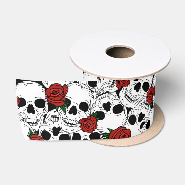 Gothic Skulls and Red Roses Patterned Satin Ribbon (Spool)