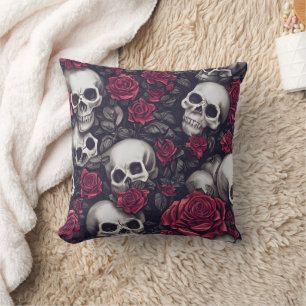 Gothic Skulls and Red Roses Throw Pillow