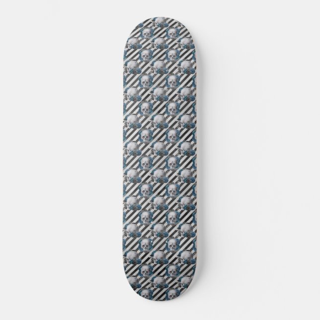 Gothic Skulls Blue Flowers Skateboard (Front)