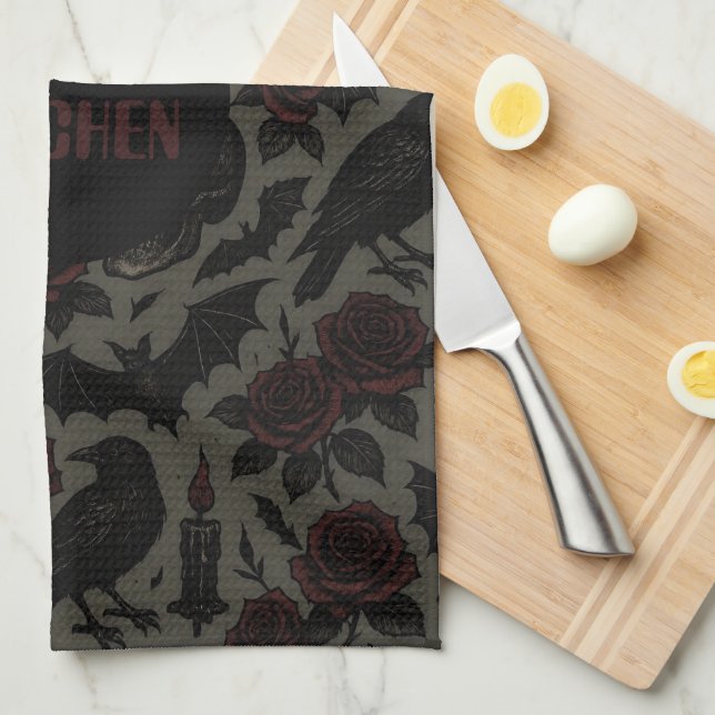 Gothic Skulls, Crows & Roses Pattern Kitchen Towel (Quarter Fold)