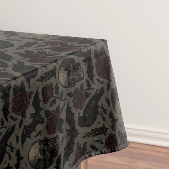Gothic Skulls, Crows & Roses Pattern Tablecloth (In Situ)