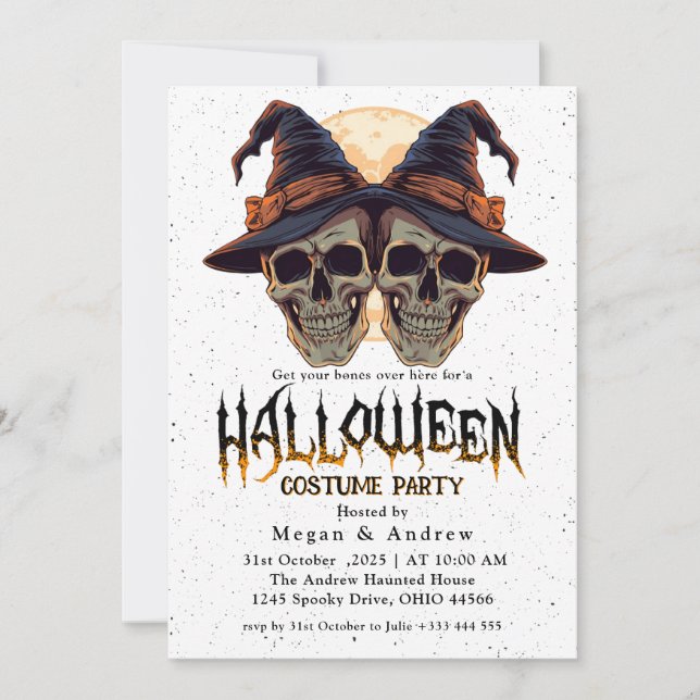 Gothic Skulls in Hats Halloween Costume Party Invitation (Front)