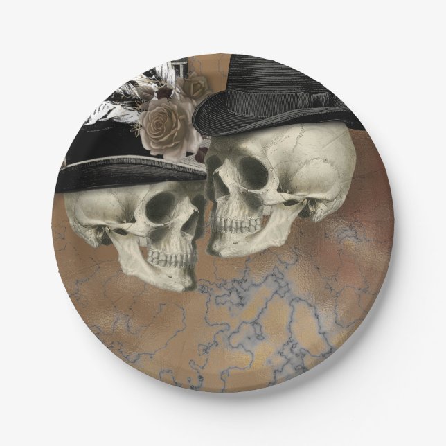 Gothic Skulls in Hats Vintage Halloween Paper Plate (Front)