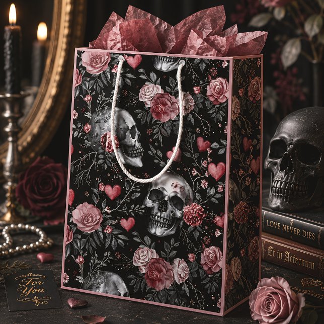 Gothic Skulls & Pink Roses Dark Romance Medium Gift Bag (Creator Uploaded)