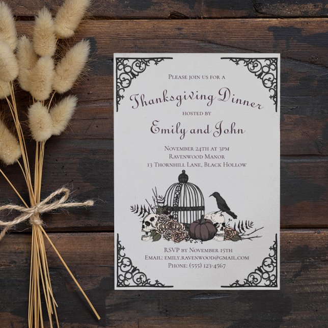 Gothic Skulls, Pumpkin & Fall Leaves Thanksgiving  Invitation (Gothic Thanksgiving Dinner  Gray Invitation. Hand-Drawn Skull, Roses, Black Raven, Birdcage, Pumpkin)
