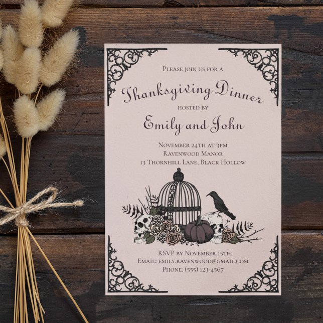 Gothic Skulls, Pumpkin & Fall Leaves Thanksgiving  Invitation (Elegant Gothic Dinner Invitation in a Soft Blush Pink. Skull, Roses, Leaves, Black Raven, Birdcage)
