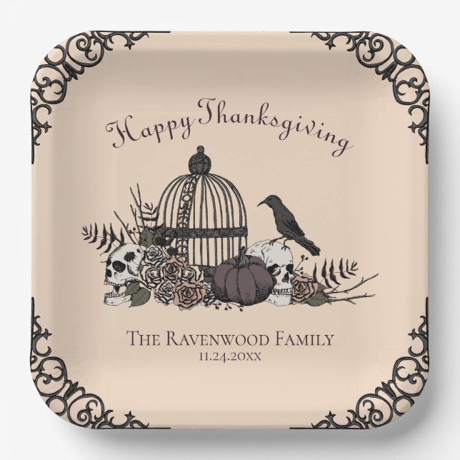 Gothic Skulls, Pumpkin & Fall Leaves Thanksgiving  Paper Plate (Front)