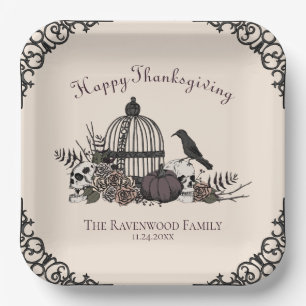 Gothic Skulls, Pumpkin & Fall Leaves Thanksgiving  Paper Plate