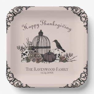 Gothic Skulls, Pumpkin & Fall Leaves Thanksgiving  Paper Plate