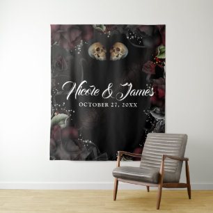 Gothic Skulls Red Black Roses Wedding Backdrop Tapestry