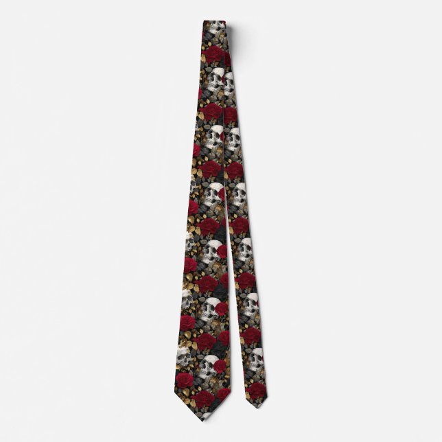 Gothic Skulls & Red Roses Dark Floral Gold Tie (Front)