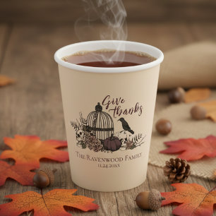 Gothic Skulls & Roses Give Thanks Friendsgiving Paper Cups