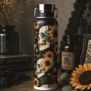 Gothic Skulls & Sunflowers Dark Floral Water Bottle