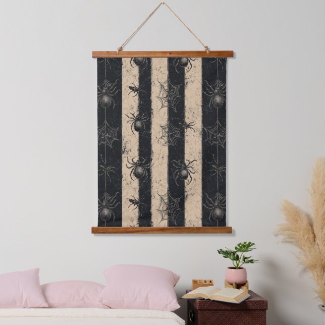 Gothic Spider and Web Striped Halloween Pattern Hanging Tapestry (Bedroom)