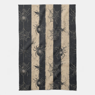 Gothic Spider and Web Striped Halloween Pattern Kitchen Towel