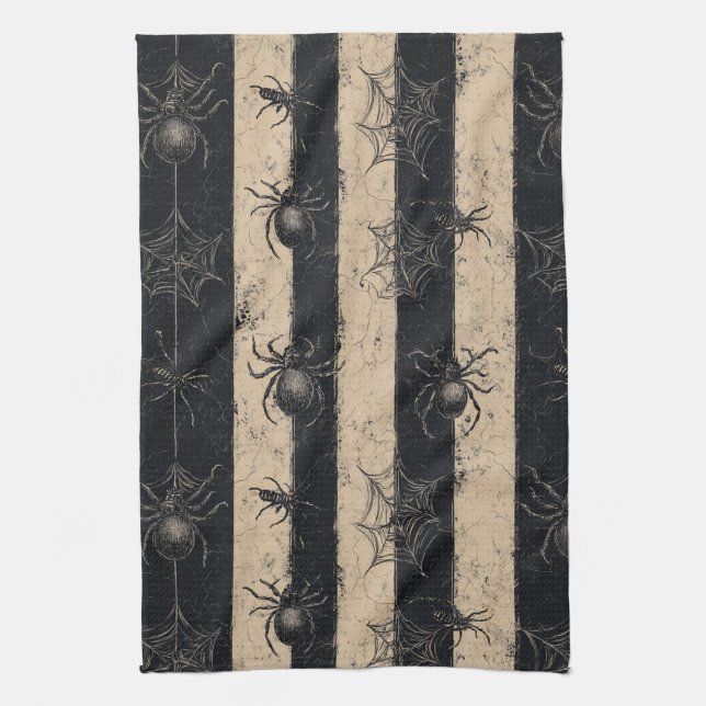 Gothic Spider and Web Striped Halloween Pattern Kitchen Towel (Vertical)