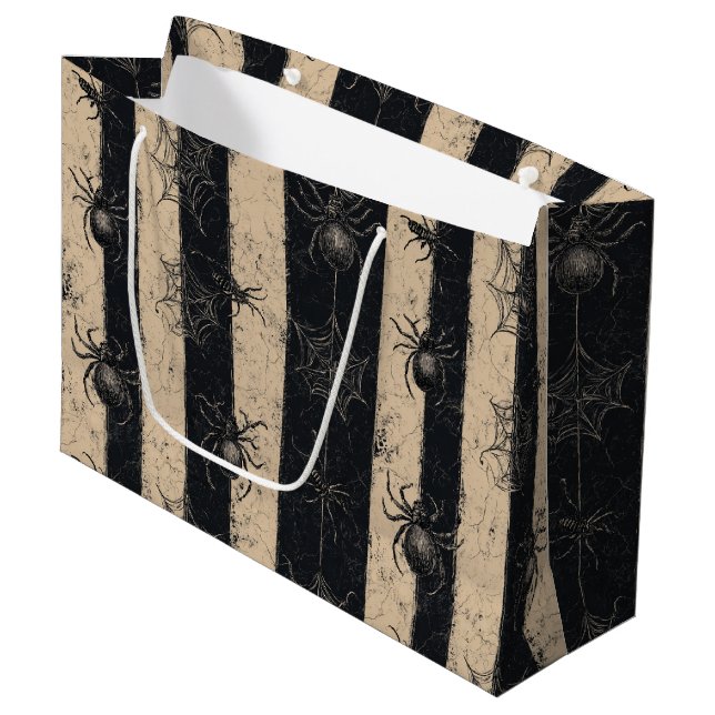 Gothic Spider and Web Striped Halloween Pattern Large Gift Bag (Front Angled)