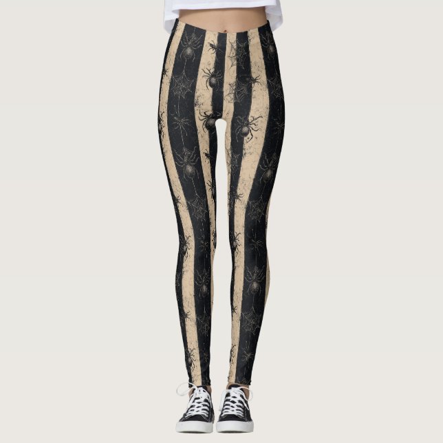 Gothic Spider and Web Striped Halloween Pattern Leggings (Front)