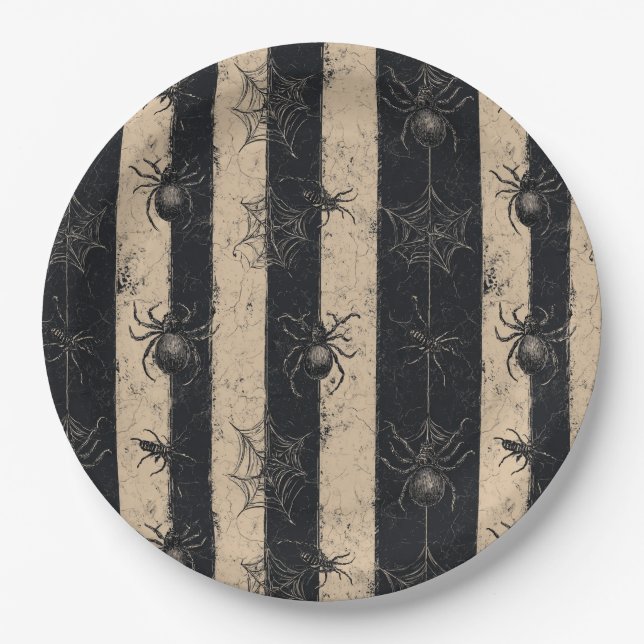 Gothic Spider and Web Striped Halloween Pattern Paper Plate (Front)
