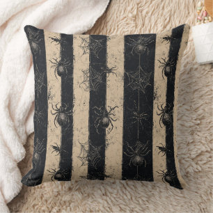 Gothic Spider and Web Striped Halloween Pattern Throw Pillow