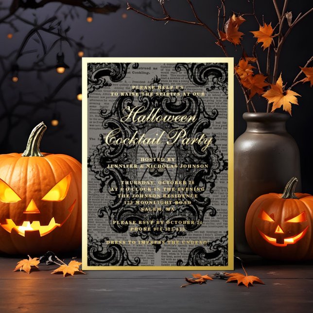 Gothic Spider Halloween Cocktail Party Gold (Gothic Spider Halloween Cocktail Party Gold Foil Invitation)