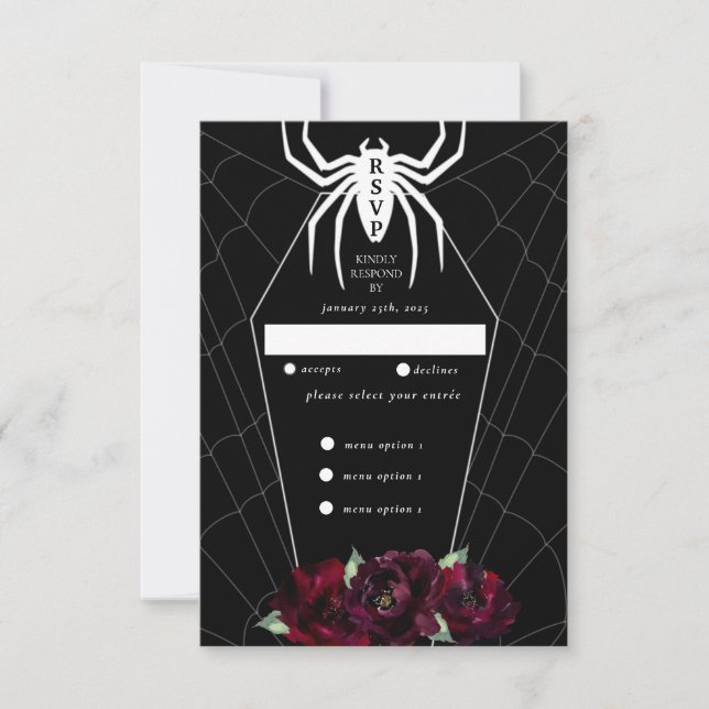 Gothic Spider Web Coffin Black White Red RSVP Card (Front)