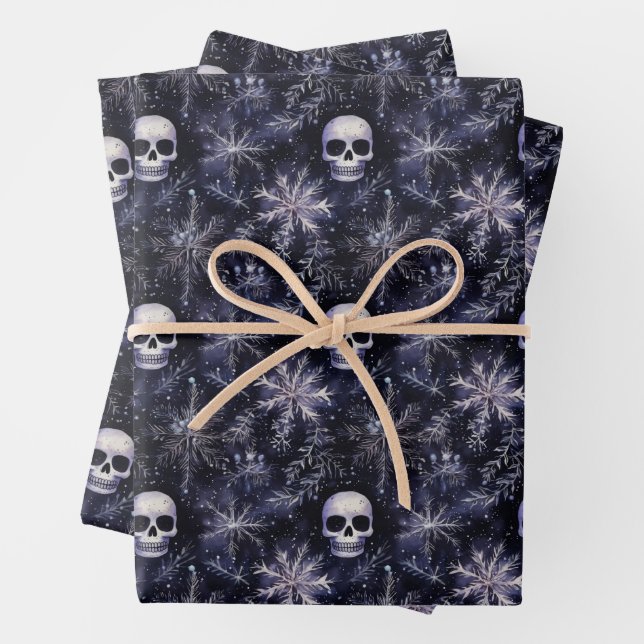 Gothic Spooky Christmas Skulls Wrapping Paper Sheet (In situ)