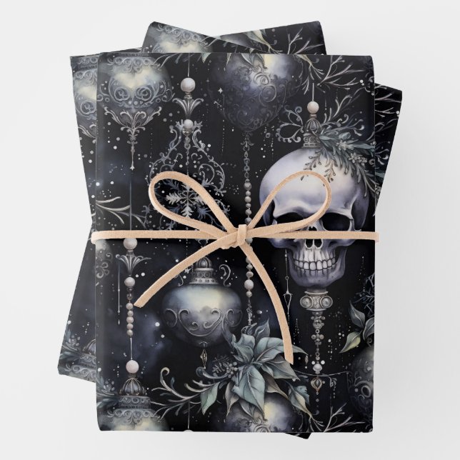 Gothic Spooky Christmas Skulls Wrapping Paper Sheet (In situ)