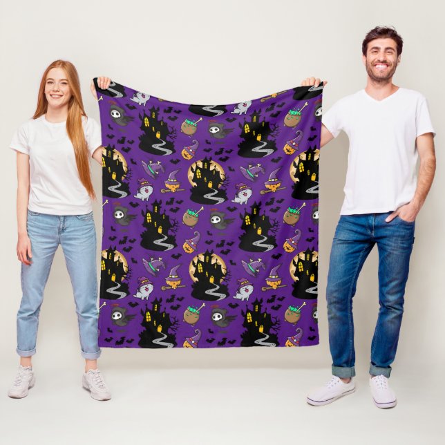 Gothic Spooky Purple Witch Cartoon Fleece Blanket (In Situ)