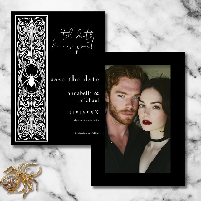 Gothic Spooky Spider Black White Photo Wedding Save The Date (Gothic Spooky Spider Black White Photo Wedding Save The Date)