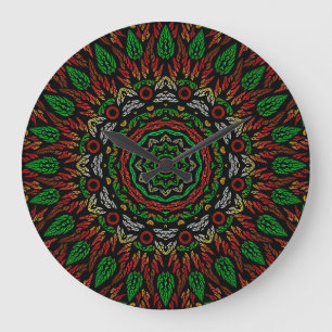 Gothic Stained Glass Leaves Mandala Pattern  Large Clock