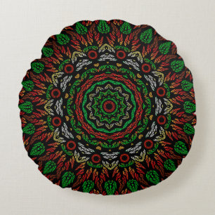 Gothic Stained Glass Leaves Mandala Pattern Round Pillow