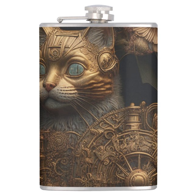 Gothic Steampunk Gold Cat Hip Flask (Front)