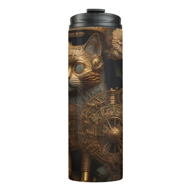 Gothic Steampunk Gold Cat Thermal Tumbler (Front)