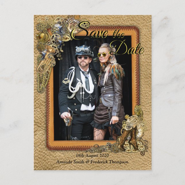 Gothic - Steampunk On leather Save the Date Announcement Postcard (Front)